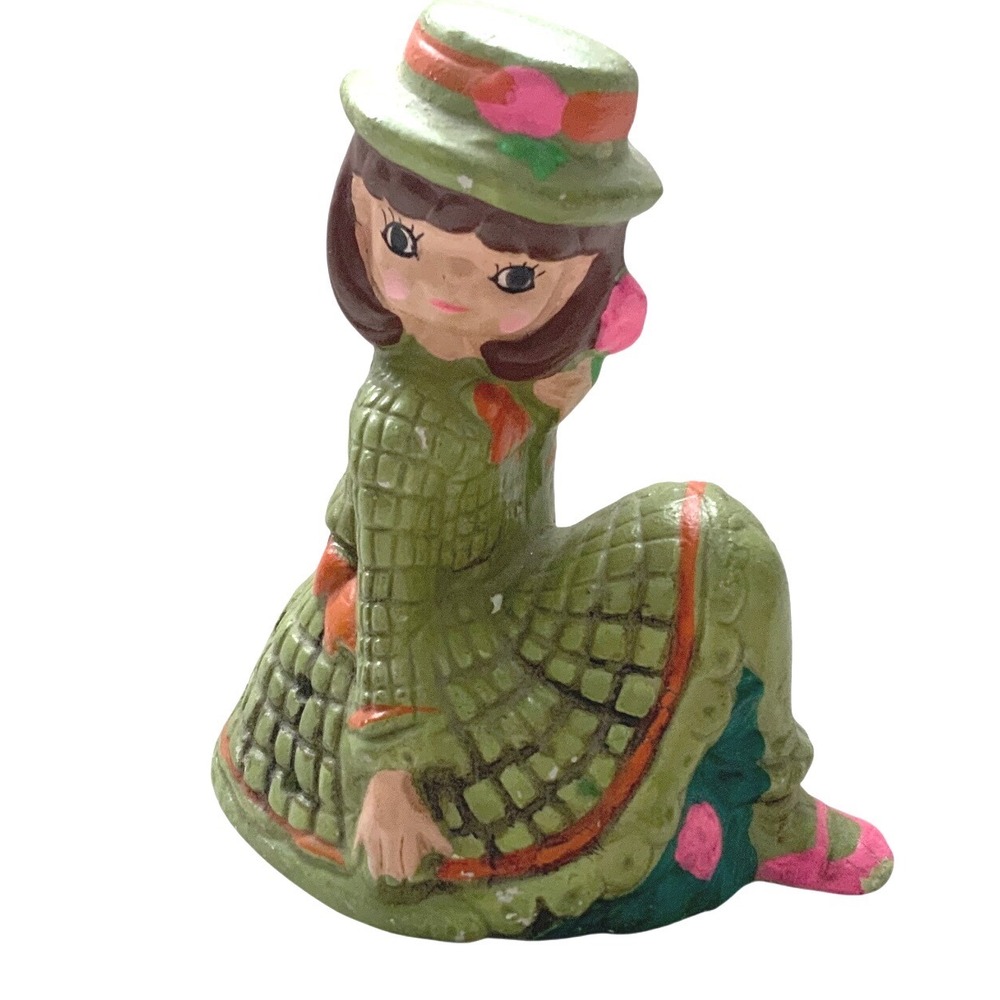 Vintage 1970s Lady Figurine Sachet Pomander Green Dress Original Fabric 5"